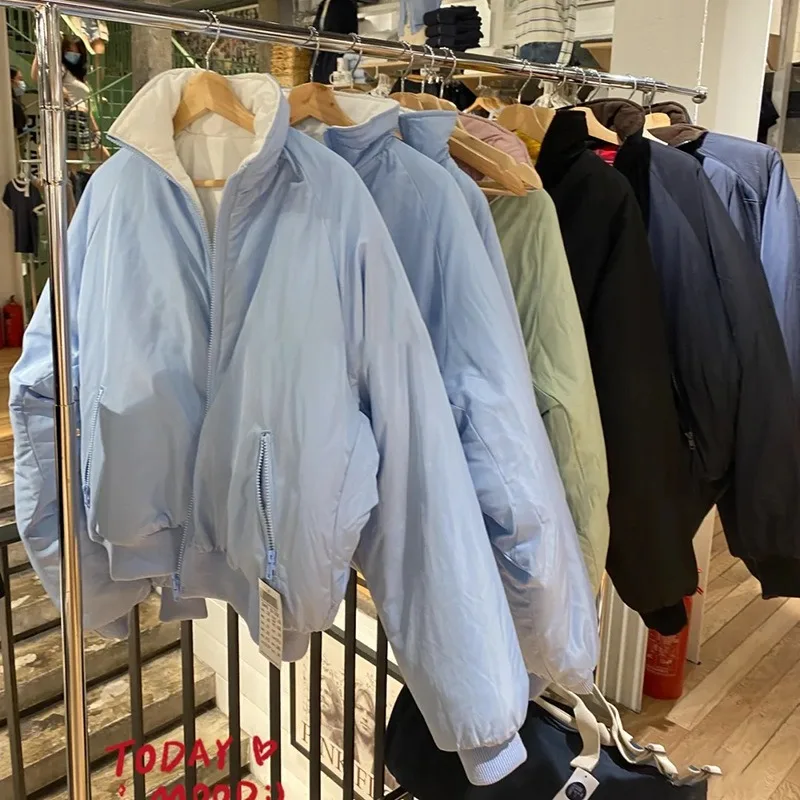 

Женская двусторонняя куртка-бомбер, короткое пуховое пальто, хлопковое пальто на молнии в американском стиле с воротником-стойкой ​ ​