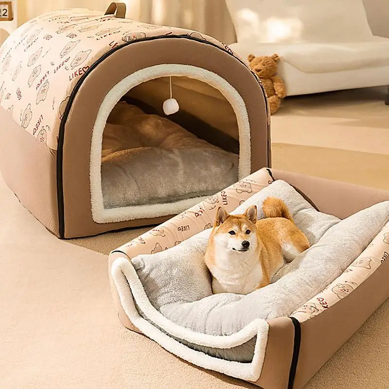 Dog Cave 2 in 1 Detachable Covered Cat Bed with Ball Pendant Cat Hideaway House, Warm Washable Cozy Dog Beds for Large Dogs