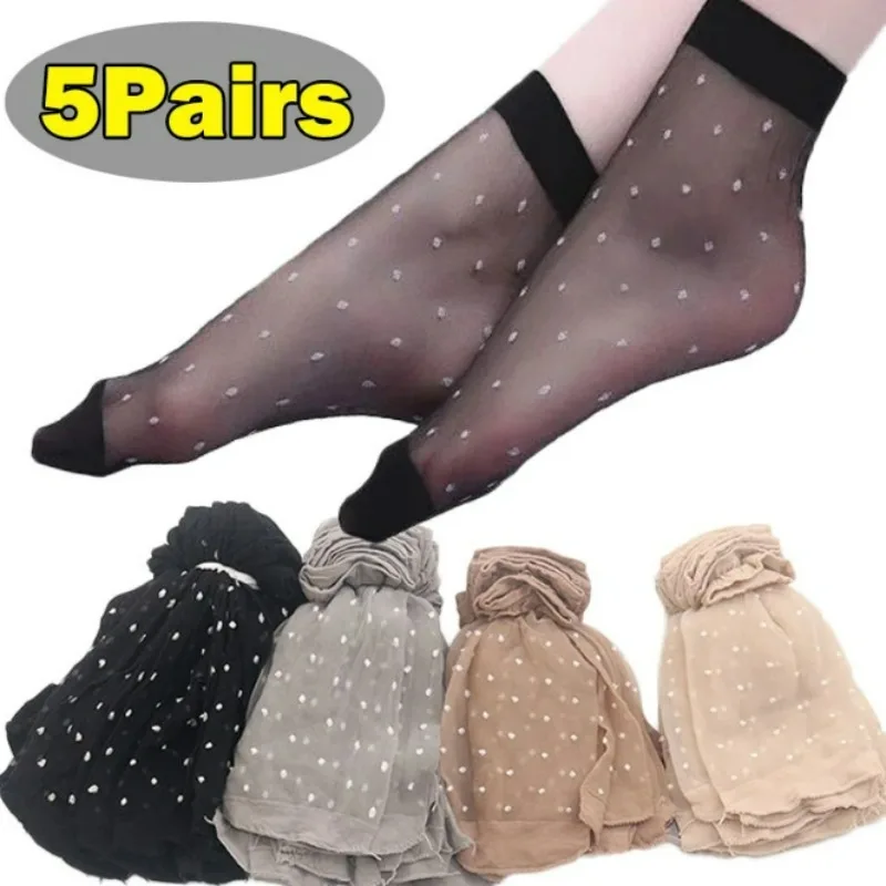 

5pairs Transparent Ultra-thin Crystal Silk Socks for Women Summer Breathable Nylon Dots High Stretch Short Ankle Socks Hosierys