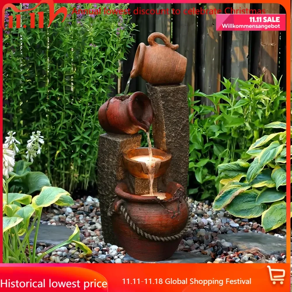 Outdoor Water Fountain, 32 Inch Cascading Pitchers Farmhouse Outdoor Fountains and Waterfalls with LED Lights