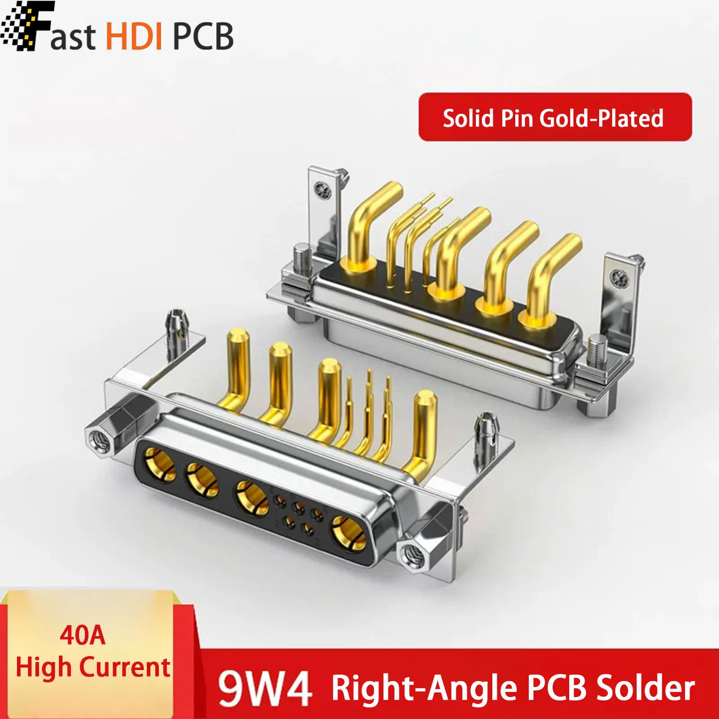 1PCS 9W4 D-Sub Power Combo Connector Male Female 40A High Current Right Angle PCB Mount Solder Type Solid Gold Plated Pin
