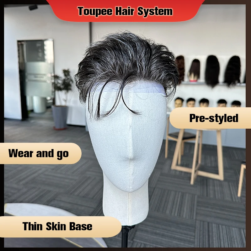 

Pre Styled Thin Skin V-Looped Men Toupee Human Hair Men's Wig 1B 40 Color Wig Hair Replacement Systems Hair Piece Protesis Male