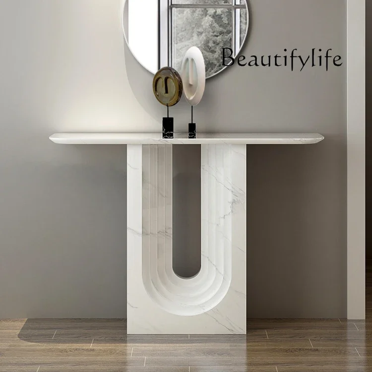 Modern Italian minimalist door cabinet rock slab light luxury home art imitation marble wall table