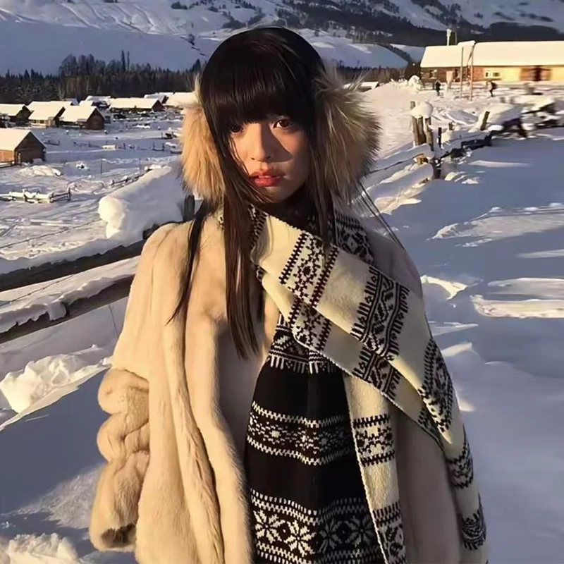 New Women's Double-side Fair Lsle Knitted Scarf Winter Y2K Lolita Outdoor Photography Thickened Warm Luxury Shawl Elegant Gifts