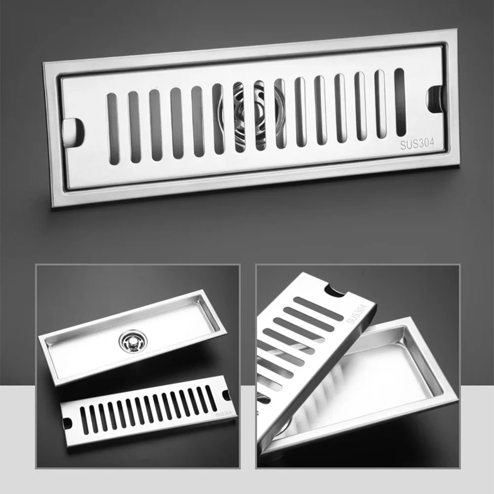 

304 Stainless Steel Rectangular Floor Drain With Double Layer Filter For Bathroom Kitchen Pool Quick Drainage 10x20cm 10x30cm