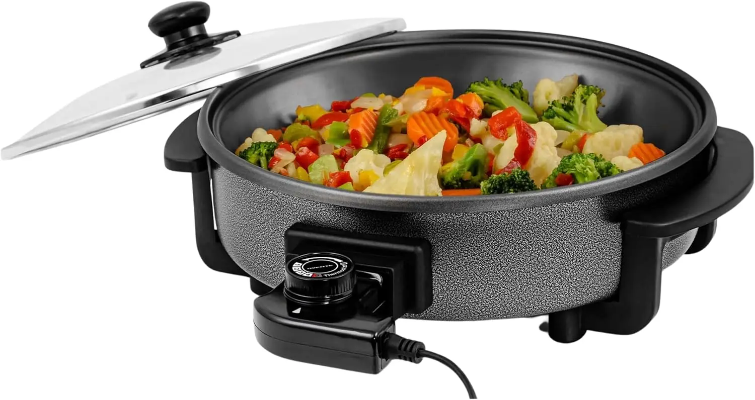 

12 Inch Electric Skillet and Frying Pan with Nonstick Coating, 1400W Power, Adjustable Temperature Control, Tempered Glass