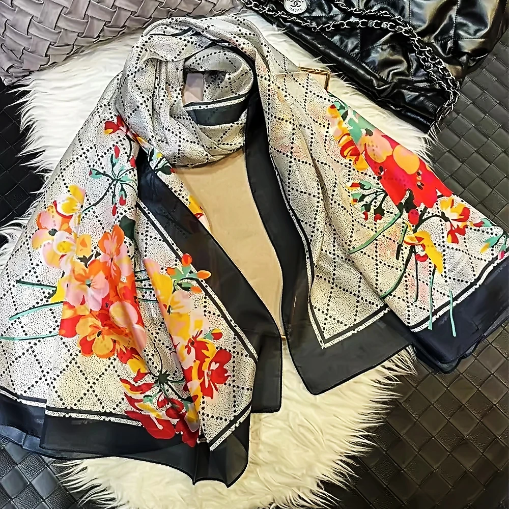 

New Plaid Floral 100% Silk Scarf Shawl Bufanda Women Spring Fall Fashion Grey Black Scarf Winter Long Scarves Bufanda 180*110cm