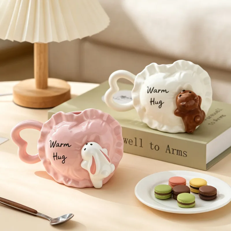 Cute Ceramic Mug 3D Rabbit, Bear Warm Hug Coffee Cup, Heart Handle Ruffled Edge Kawaii, Tea Mugs For Women Girls, Birthday Gift