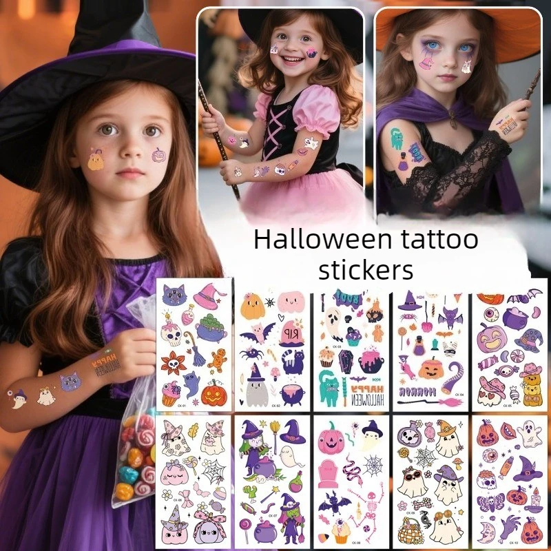 New Cute Halloween Temporary Tattoo Stickers Cartoon Funny Fake Tattoos for Kids Dark Theme Halloween Party Decorations