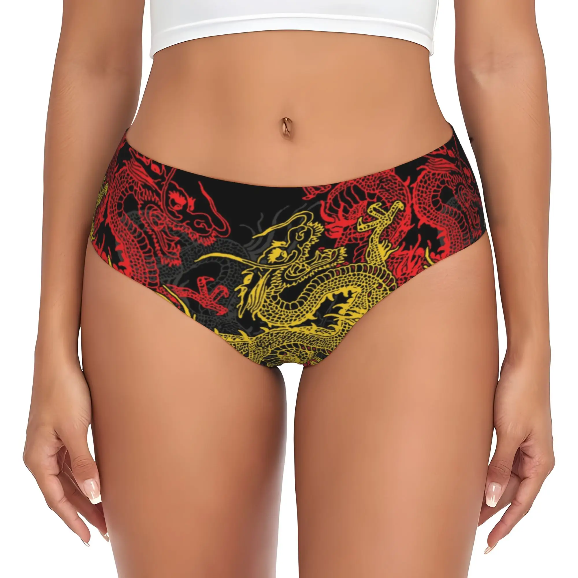 Golden Chinese Dragon Pattern Briefs Underwear Women's Breathable Stretch Oriental Mythical Panties