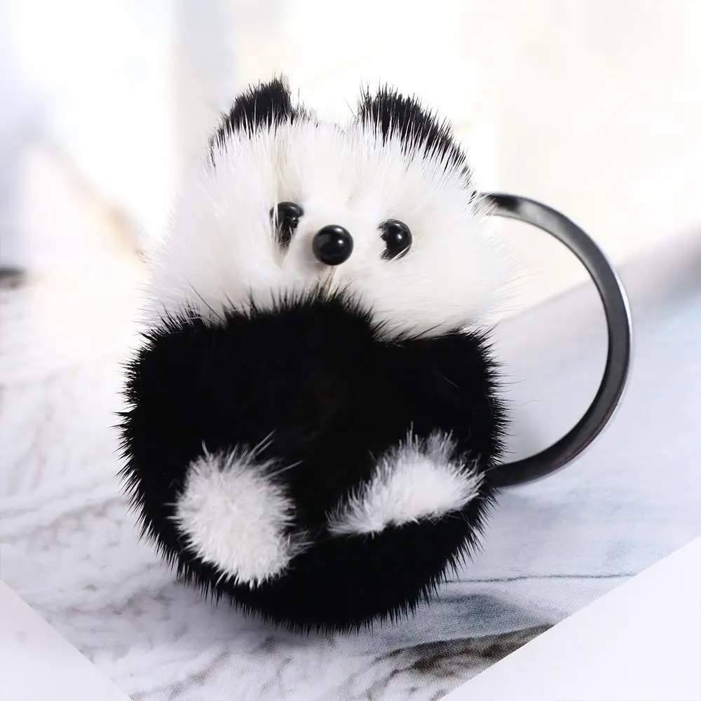 Mink Fur Panda Keychain Mini Mink Pendant Plush Mink Keyring Korean Style Black White Plush Stuffed Animal Cute Bag Pendant