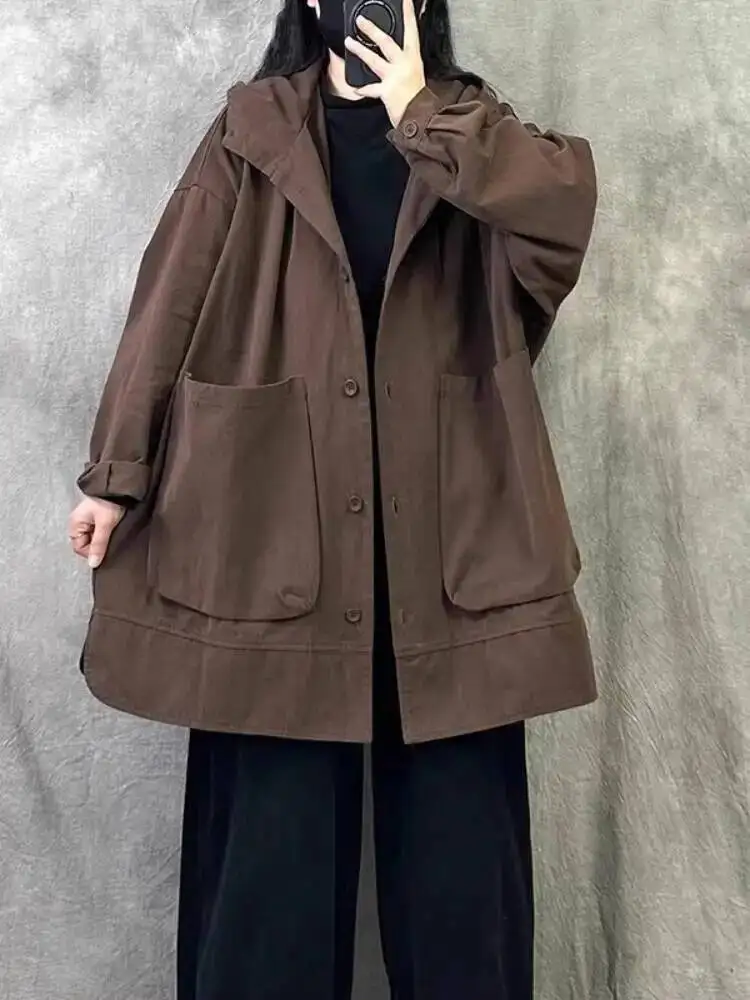 2025 Spring Women's Basic Trench Coat  Full Cotton Hooded Plus Size Petite British Workwear Outerwear