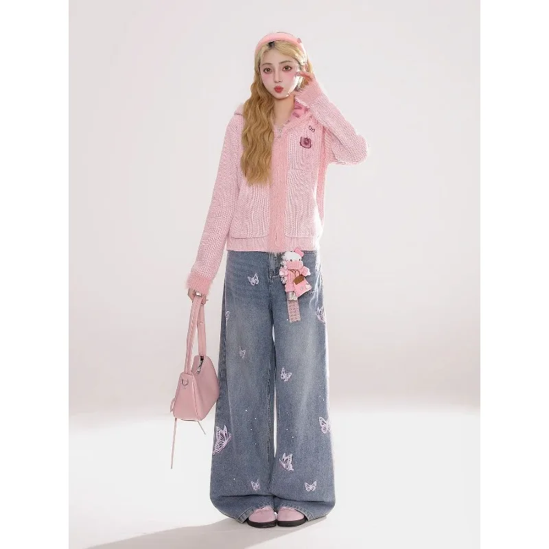 New Women's Butterfly Embroidered Jeans Autumn Winter Spice Girls Denim Straight Pants Female Wide Leg Pants Denim Trousers 4XL