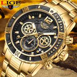 LIGE Top Brand Luxury Fashion All Gold Mens Watches Stainless Steel Quartz Watch For Men Waterproof Sport Clock Male Chronograph