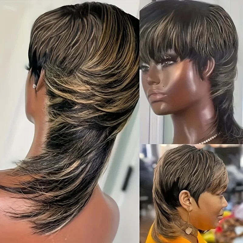 

1b27 color pixie cut human hair 12inch 150% density remy short mullet straight wig machine made human hair wig