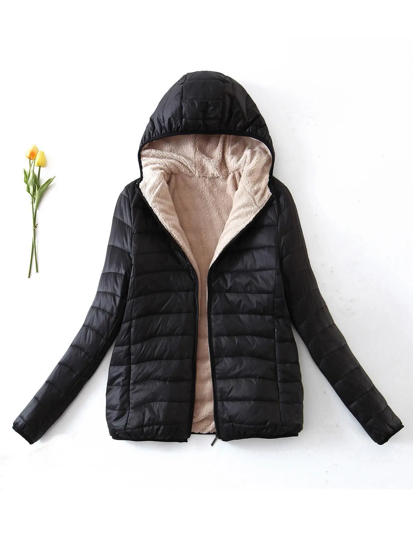 Autumn Winter New Medium-length Korean Style Hooded sSim Plus Velvet Cotton-padded Jacket Warm Faux Lamb Wool Top Female Coat