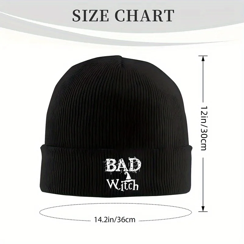 Bad Witch Print Black Knit Beanie Unisex Winter Warm Hat for Halloween Holiday Casual Wear