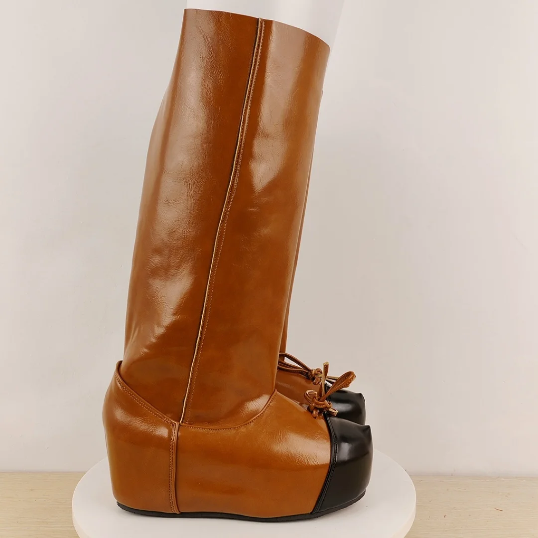 Women Brown Black Contrast Leather Knee High Boots Pointed Toe Lace Up Front Chunky Platform Heel Side Zipper Ladies Tall Boots