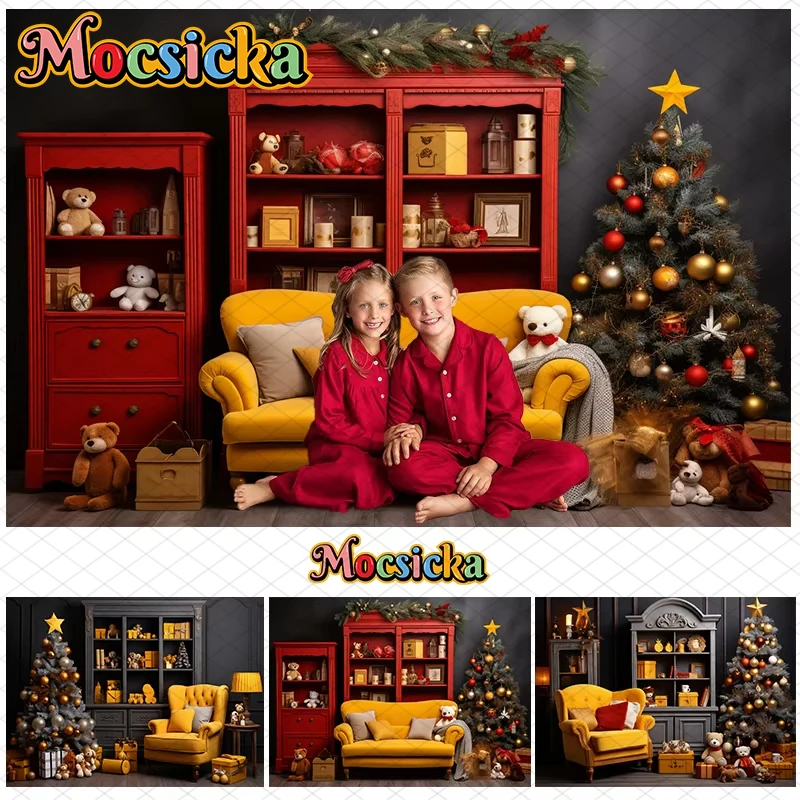 

Mocsicka Christmas Home Backdrop Photography Xmas Tree Sofa Bear Gifts Decoration Family Baby Children Portrait Photo Background