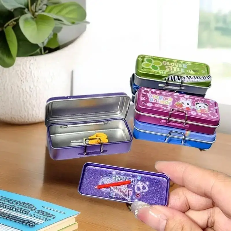 Dollhouse Miniature Double Layer Iron Pencil Box Pen Ruler Measuring Tape Scissors Model For Doll House Decor Pretend Play Toys