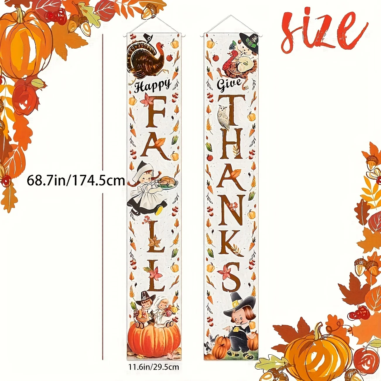 Thanksgiving Decorations Vintage Give Thanks Fall Porch Sign Banner Autumn Harvest Front Door Hanging Banner with Turkey Pumpkin