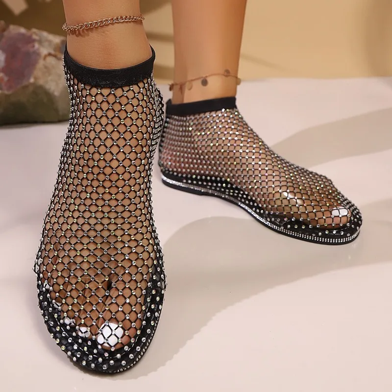 

2025Fashion Women's Rhinestone Fishing Net Sandals Flat Bottom Footware Roman Flat Party Shoes