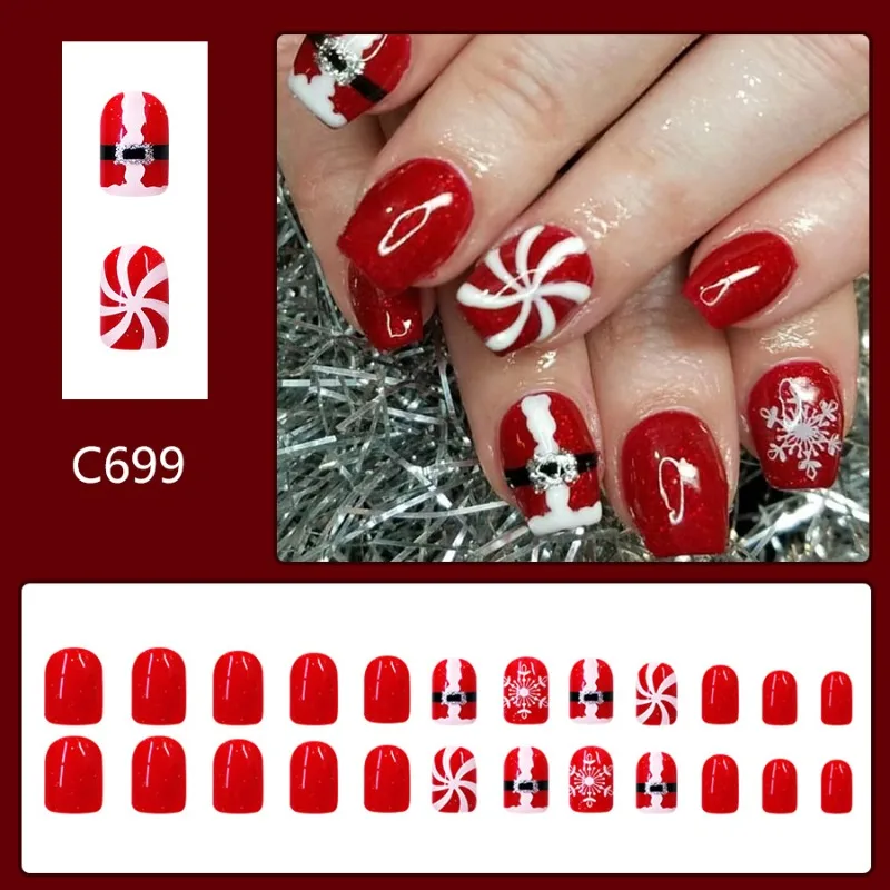 24pcs Short Square False Nails with Glue 2024 Christmas Fake Nails Set White Snowflake Windmill Nail Art Cheap Press on Nails