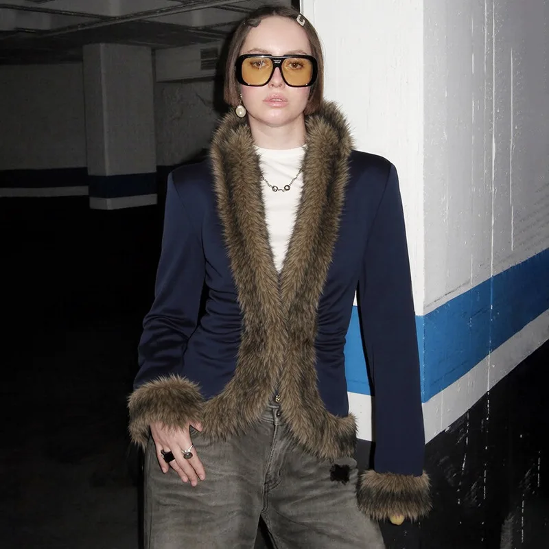 

TARUXY Stylish Patchwork Fur Coat Women's Slim V-Neck Concealed Button Long-Sleeved Street Jacket Autumn Winter New Leisure Coat