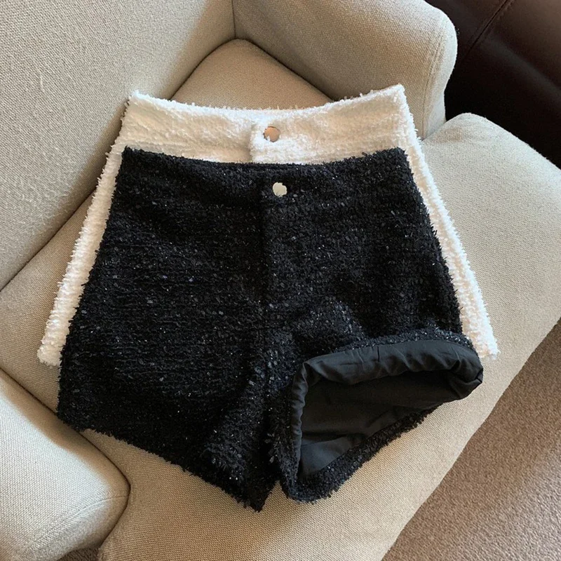 Mexzt tweed shorts feminino elegante cintura alta perna larga shorts senhora do escritório coreano branco preto casual todos os jogos chiques calças curtas novo