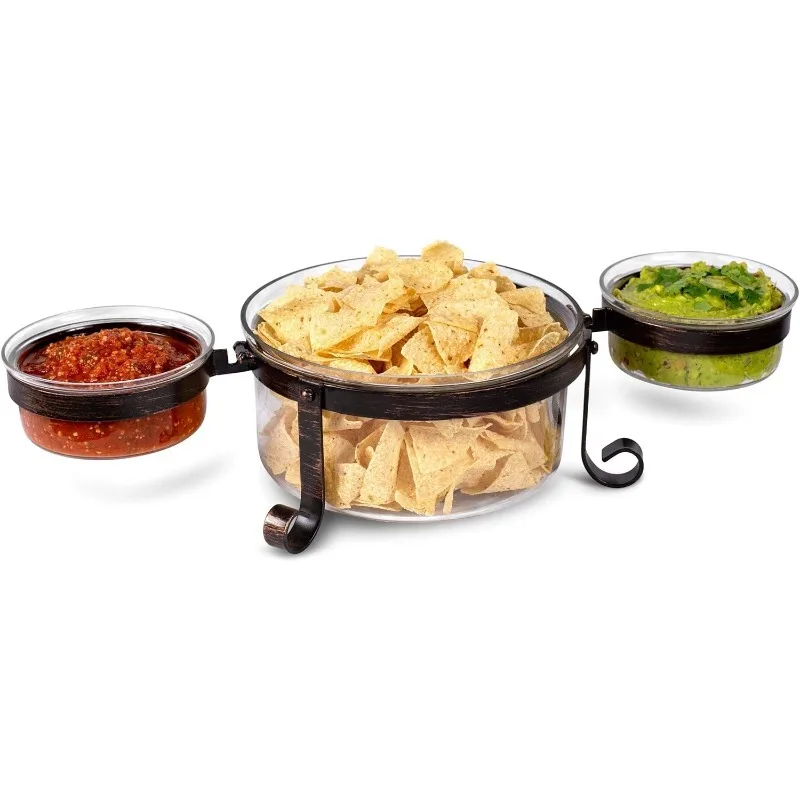 Chip and Dip Serving Bowl Set - Triple Glass Bowls with Metal Frame - For Party Appetizers, Taco Platter