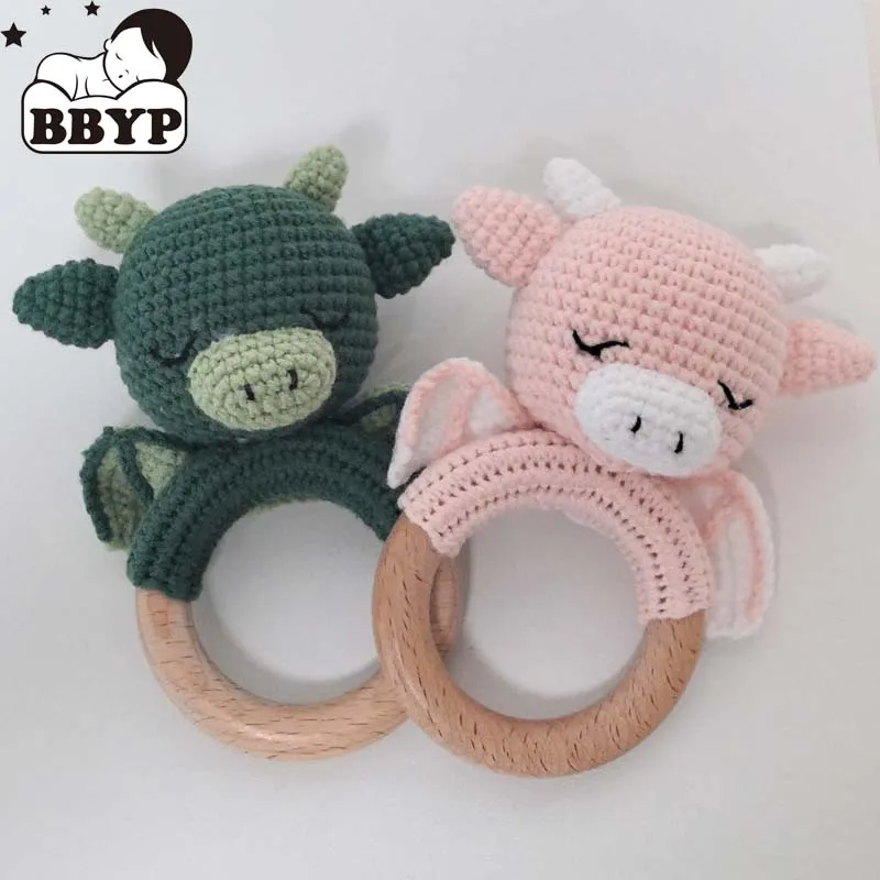 Handmade Crochet Dinosaur Wooden Teething Ring, Nursery Hanging Decor, Newborn Gift Knitting Animal Dolls Finished Dolls