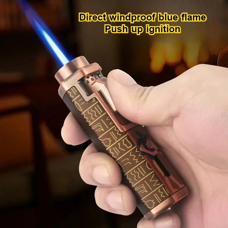 Retro Metal Windproof Blue Flame Gas Lighter 9MM Scalable Head 3D Relief Craftsmanship Fine Pattern Men's High End Business Gift