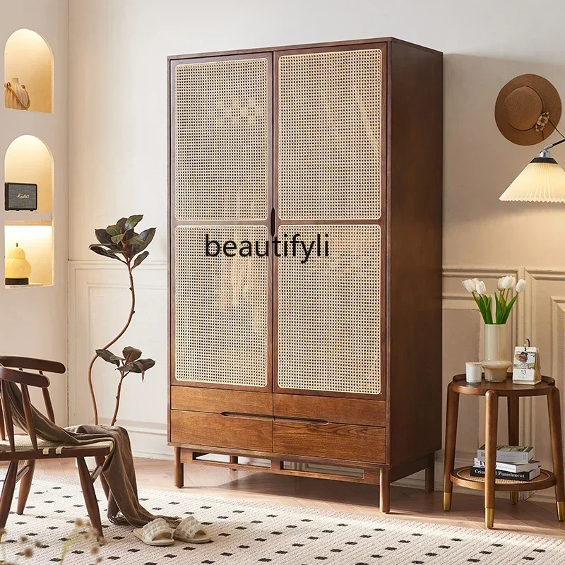 

45 Retro Solid Wood Flat Double-Door Closet Household Bedroom Wardrobe Walnut Small Apartment
