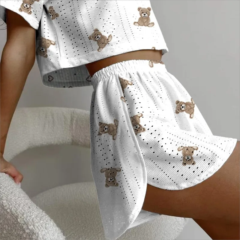 Women's Print Pajamas Set Summer Casual Women's Short Sleeve Tops Shorts Sleepwear 2 Piece Set Loose Round Neck Home Loungewear