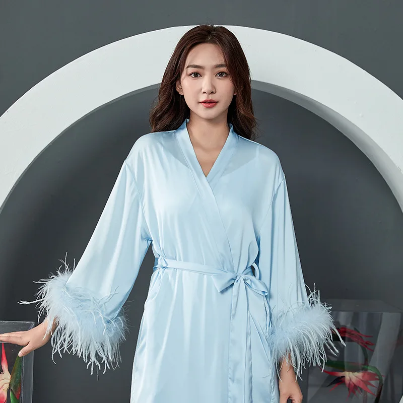 Women Wedding Bride Feather Robes Satin Silk Loungewear Kimono Bathrobe Gown for Lady Short Nightgown Bridesmaid Robe Sleepwear