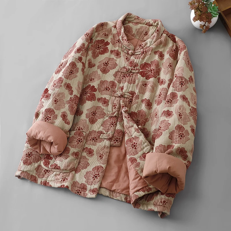 

Свободное хлопковое пальто с цветочным принтом, женское теплое хлопковое пальто с воротником-стойкой на пуговицах и цветочным принтом, милое длинное све, Thiened