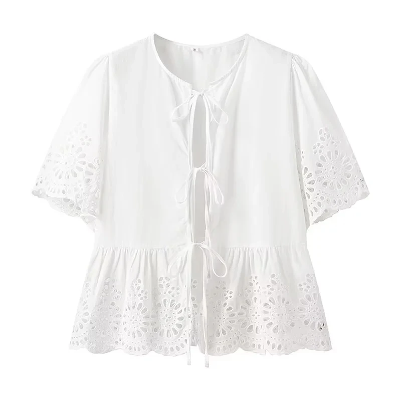 TRAF Embroidery White Blouse Bowknot Cut Out Cropped Woman Blouses Short Sleeve Ruffle Summer Top Women Holiday Elegant Blouses