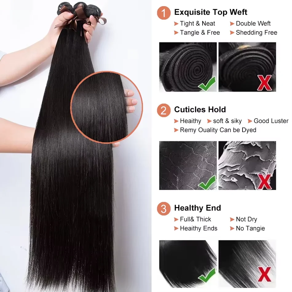 Pacotes de Cabelo Humano 100% Liso de 36 a 40 Polegadas, 1, 3 ou 4 Pacotes, Extensões de Cabelo Preto, Trança Brasileira Remy, Oferta de Pacotes de Cabelo Cru