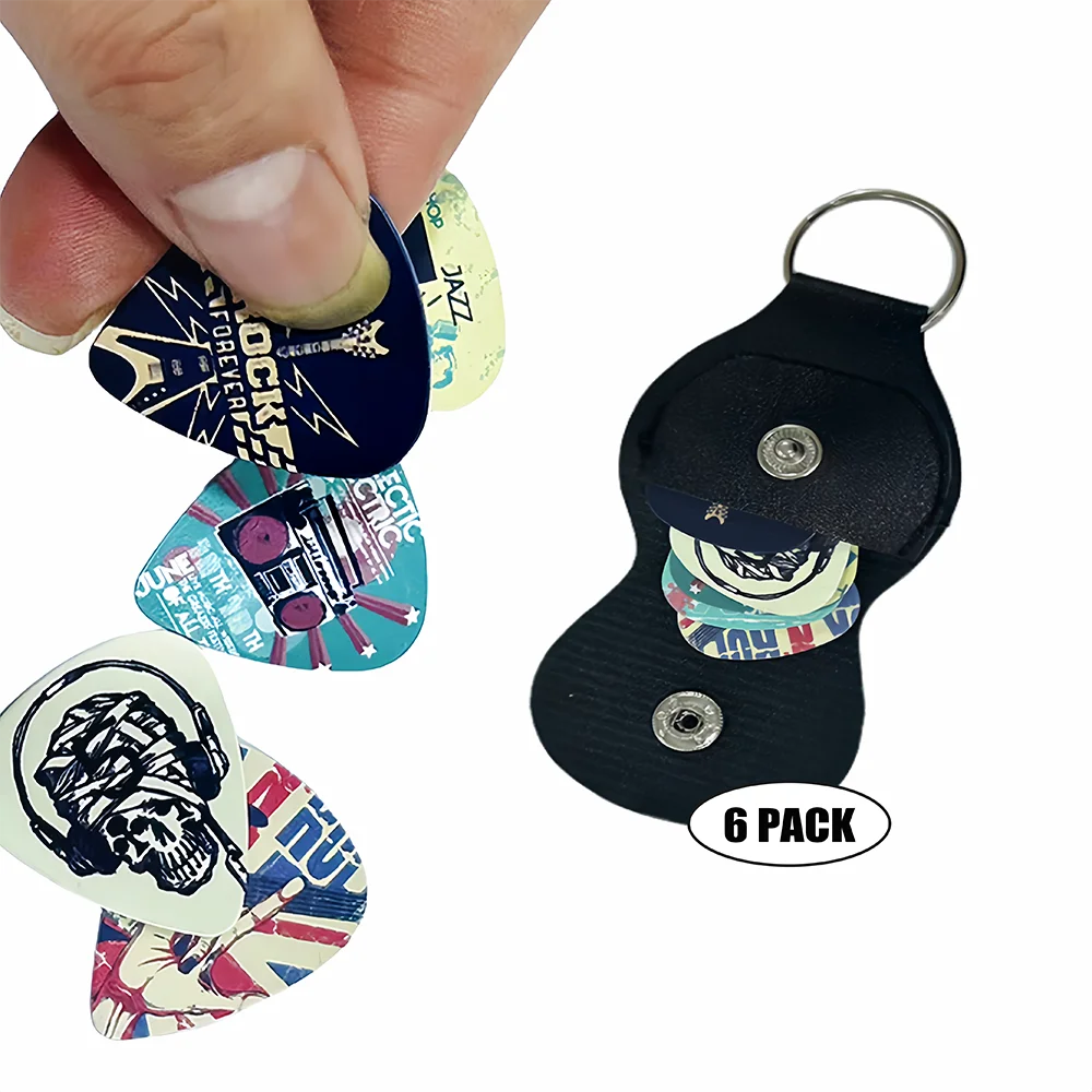 6 pcs PVC Guitar Picks With Pu Carrying Pouch set ,  Double-sided printing ，For ukulele，Electric ，Acoustic Guitars, Ideal Gift