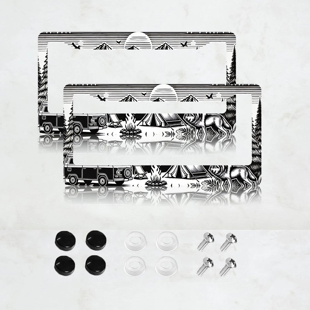 

2PC Camping License Plate Frames - Mountains License Plate Frames Adventure License Plate Cover Deer Bear Wildlife Camper