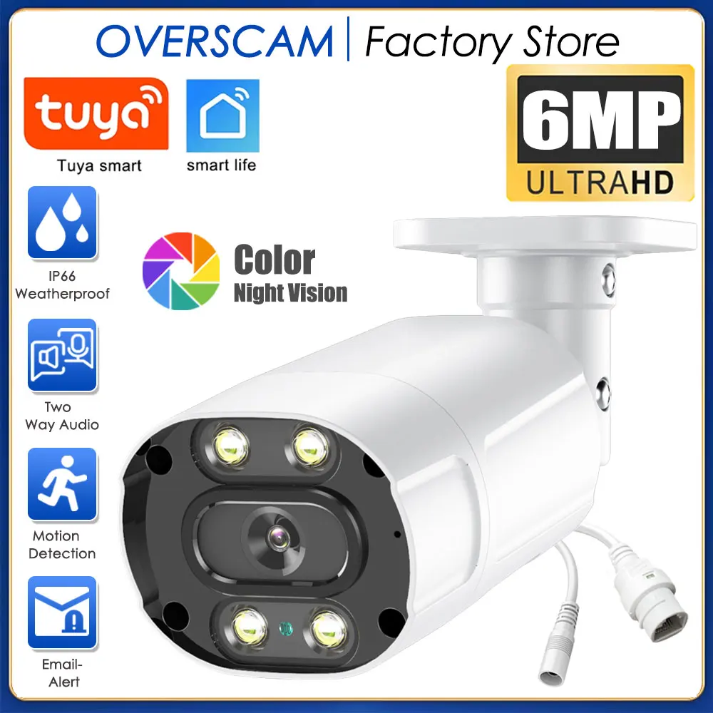 6MP Tuya Smart H.265 IP Camera POE Security Surveillance Camera Metal Two Way Audio Double Light Color Night Vision CCTV Video