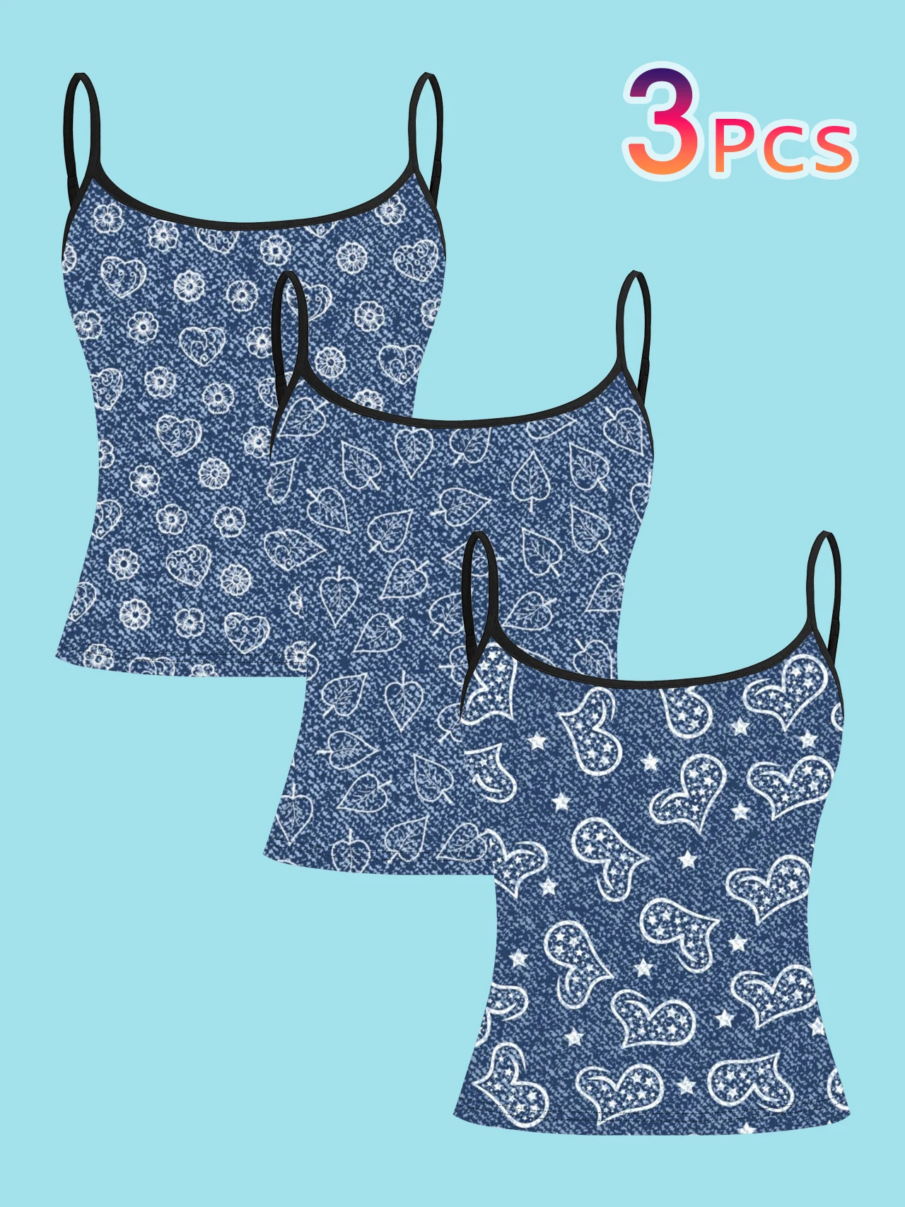 3-Pack Denim Blue Heart Flower Leaf Print Thin Camisole Tank Top, Faux Denim Line Drawing Fresh Style Slim Fit Sleeveless Top, Sweet Casual Versatile Inner Wear and Outer Wear Base Shirt