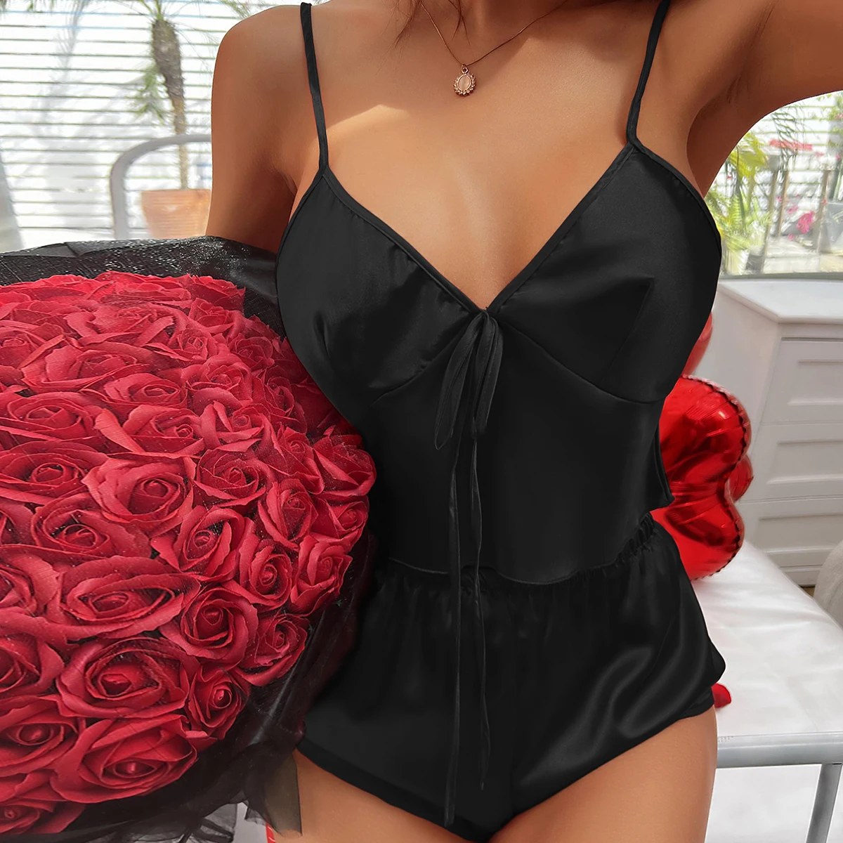Solid Satin Pajama Set V Neck Crop Cami Top Elastic Waistband Shorts Women\'s Sleepwear Loungewear