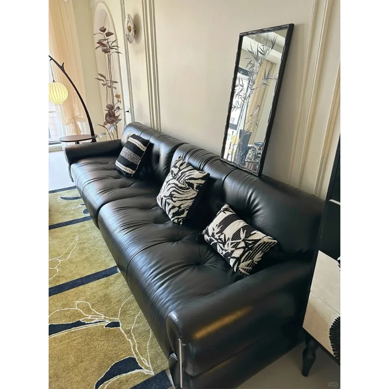 Factory Direct 2026 French retro leather sofa medium antique black first layer cowhide living room brown sugar cloud sofa