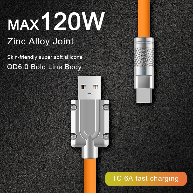 120W 6A Super Fast Charge USB Cable For iPhone Xiaomi Huawei Samsung Liquid Silicone Quick Charge Type-C Charger Data Line 1m