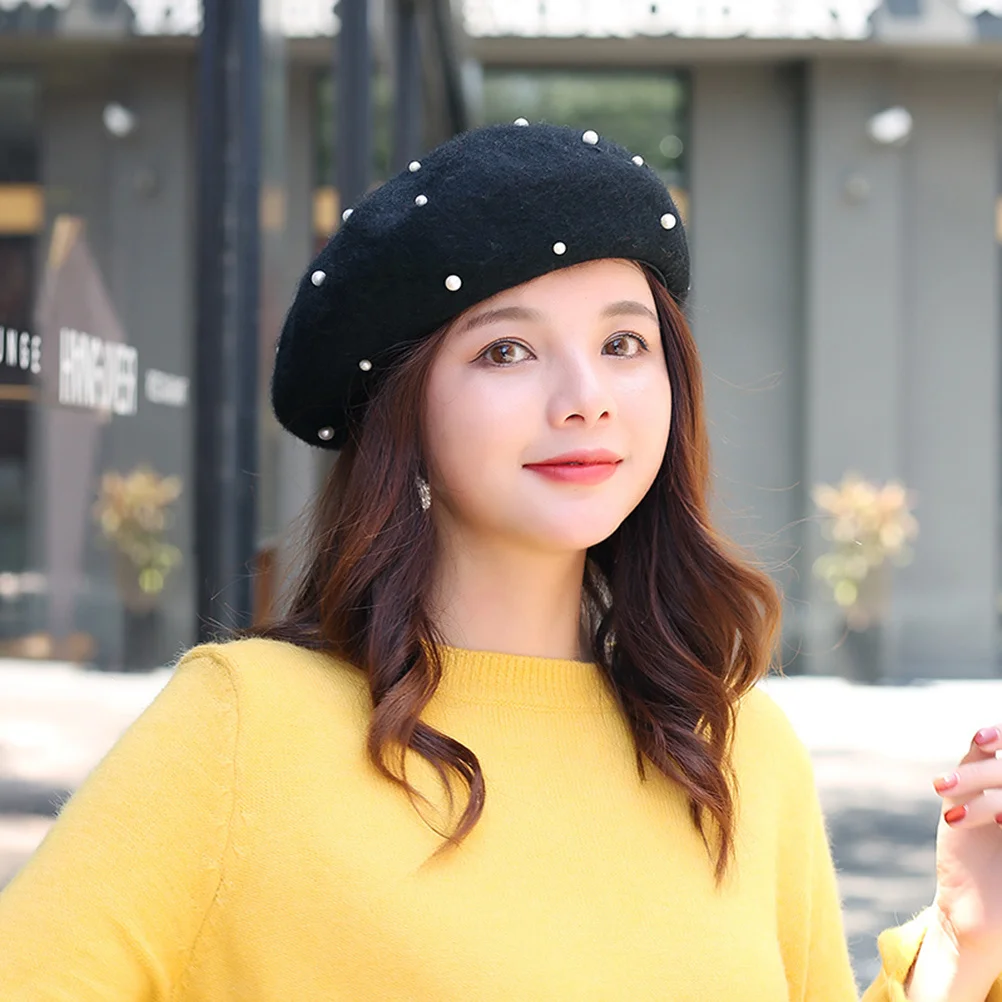 

Wool Pearl Beret Hat Black Warm Winter Hat for Stylish Breathable Elegant Headwear Fashion Beret