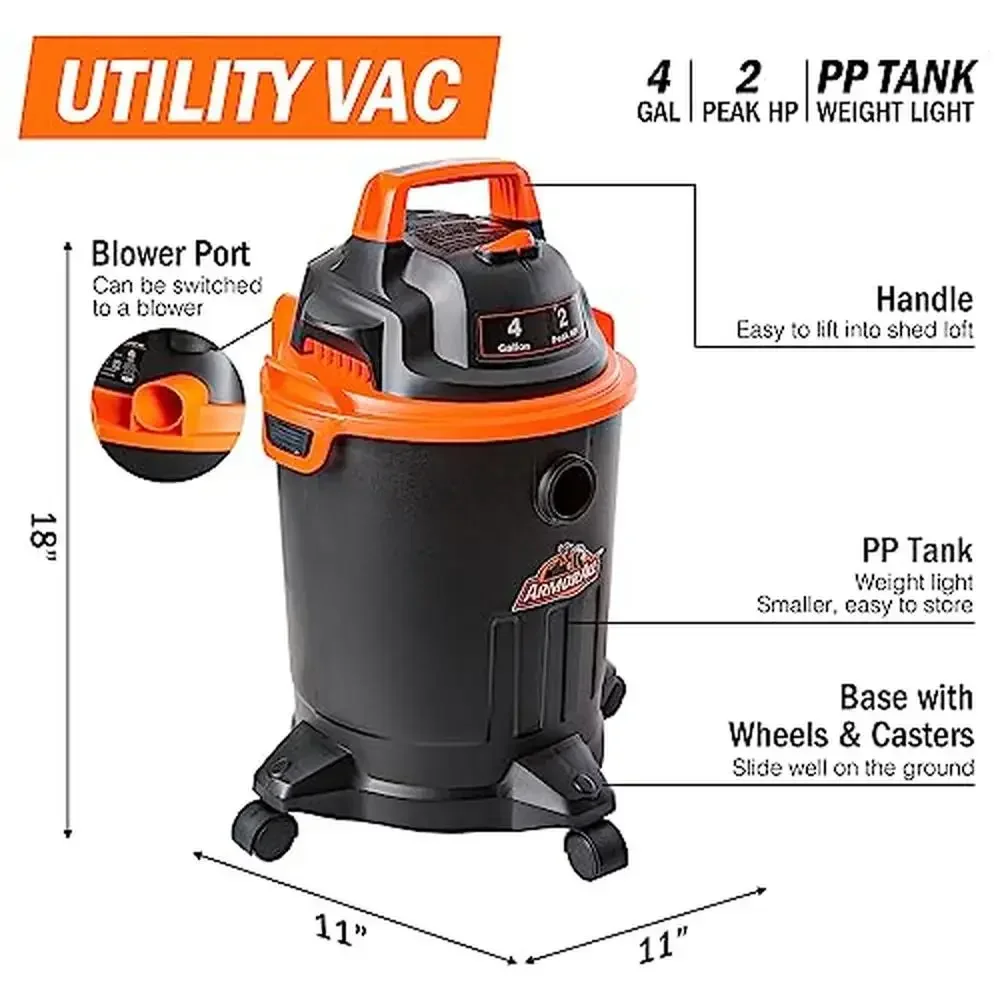 4 Gallon Wet/Dry Shop Vacuum 2.0 HP Nozzles & Brush Lightweight Versatile Cleaning Tool Home/Workshop/Garage Use Corded Electric