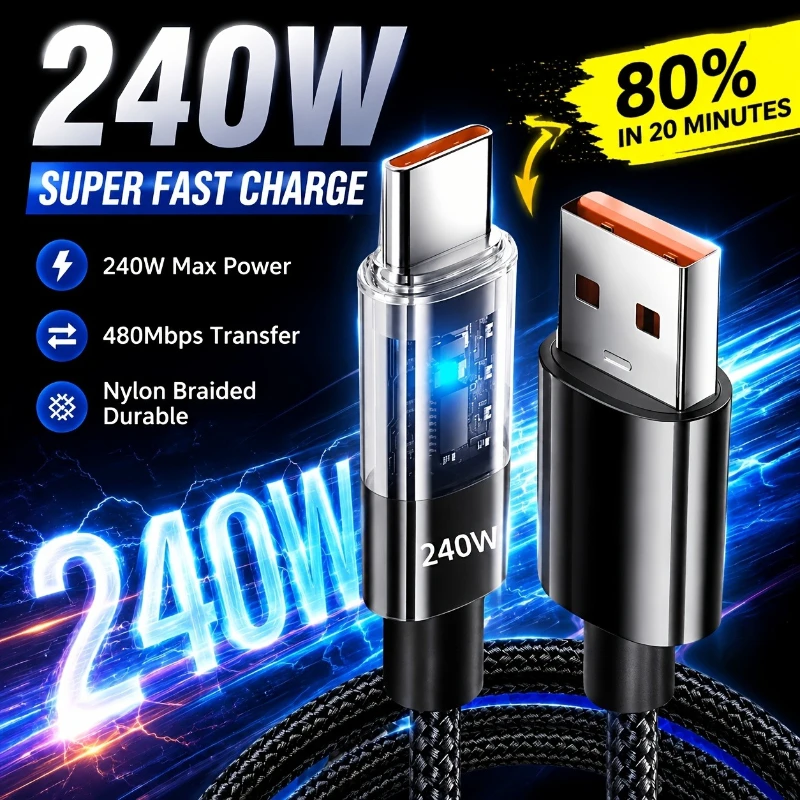 0.25/1/1.5/2M 240W Nylon USB C PD Super Fast Charging Data Cable with LED Display USB To Type C Quick Charge Data Cords New