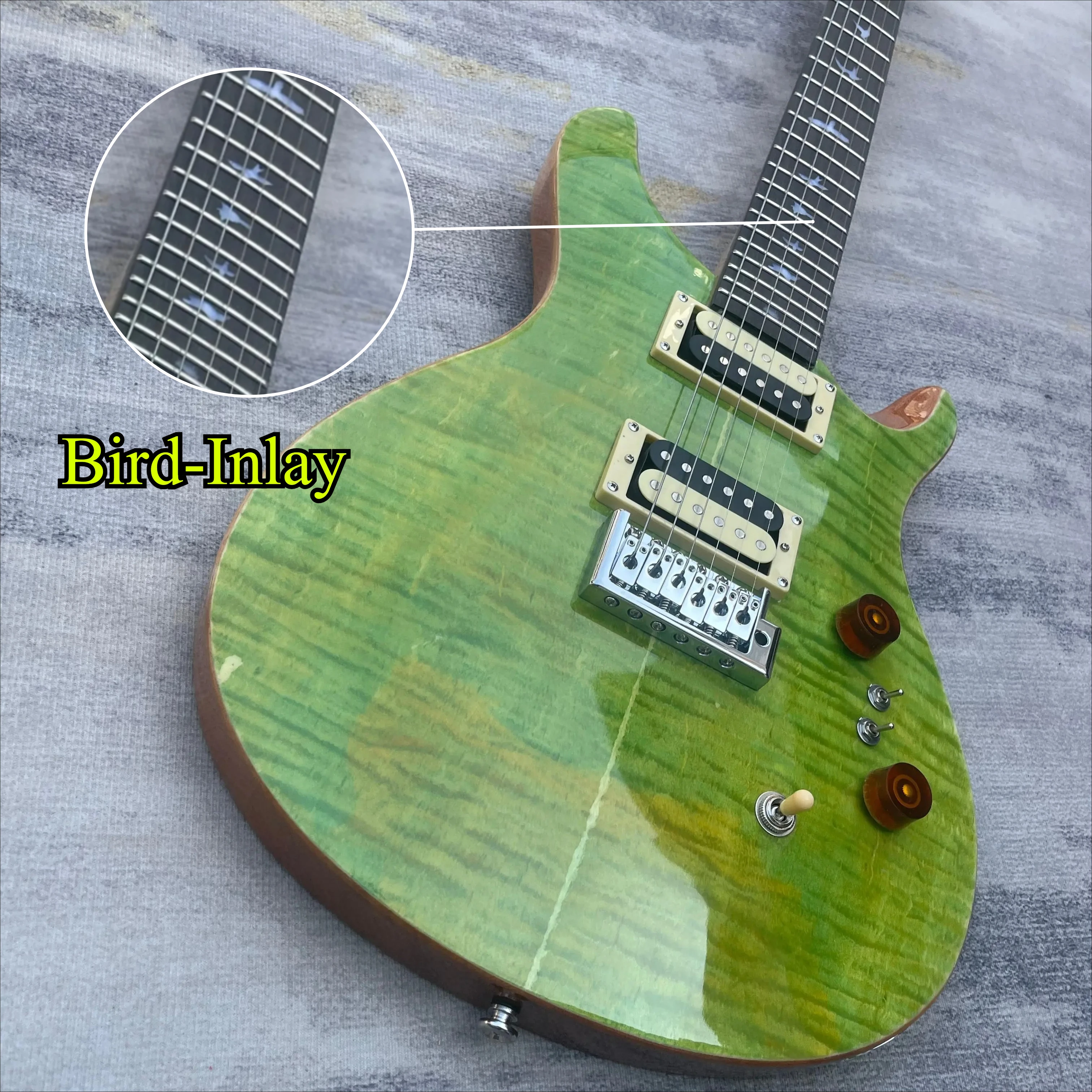 PRSY Emerald‑Green Flame Maple Top Electric Guitar, HH Zebra Pickups Bird Inlay, Rock & Blues Stage‑Play Collectible Guitar