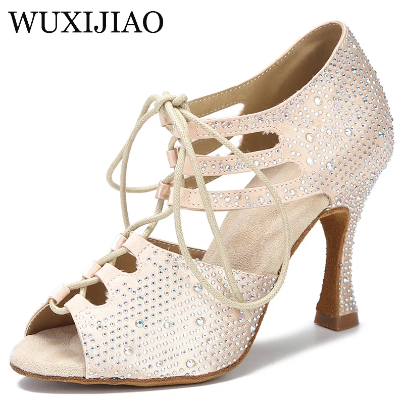 

WUXIJIAO Ladies Latin Dance Shoes Satin Leather Shiny Large Small Rhinestone Flared Heel 9cm Narrow Feet Custom Width